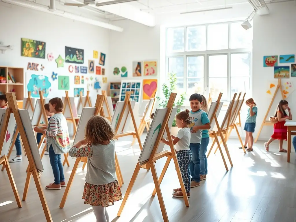 A photograph depicting children participating in an art workshop at the Musée Yves Brayer, learning about painting techniques inspired by Yves Brayer's style. The image captures the hands-on, creative environment of the workshop.