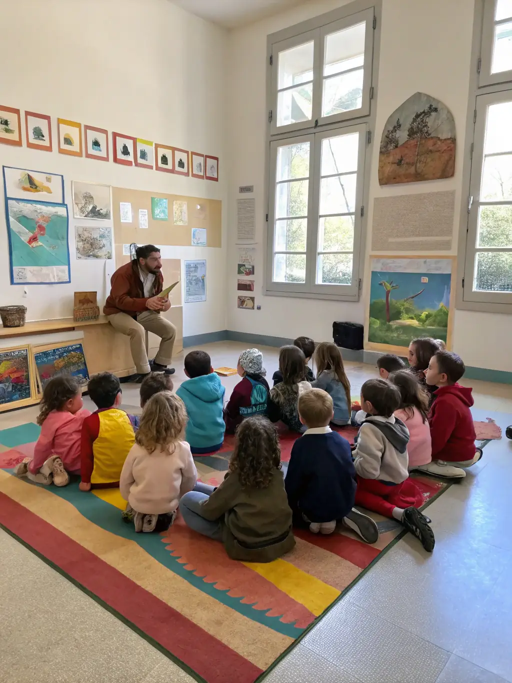 A photo of children participating in an educational program at the museum, with an instructor explaining aspects of Yves Brayer's art.