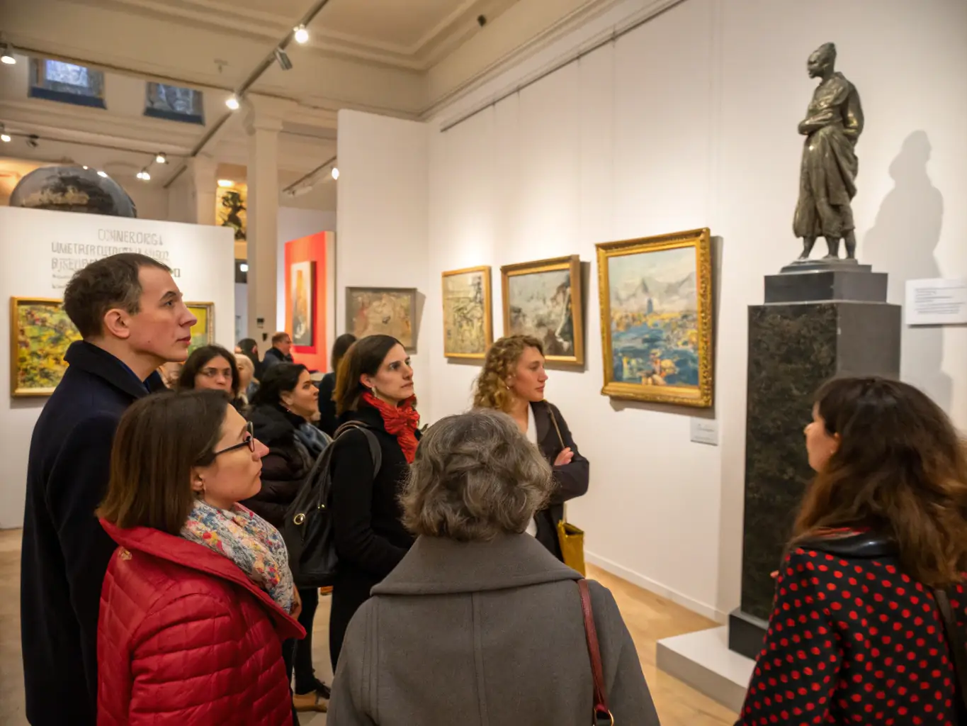 A photograph capturing a group of visitors attentively listening to a museum guide during a tour of an Yves Brayer exhibition. The scene is set within the Musée Yves Brayer, showcasing the artist's works and the engaging atmosphere of the guided tour.