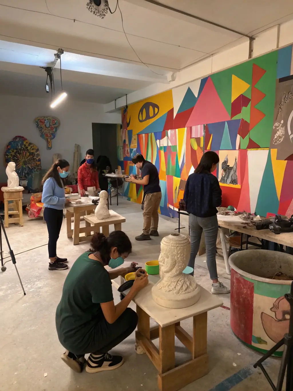 A photograph capturing a group of participants actively engaged in a painting workshop at the Musée Yves Brayer, with easels, canvases, and art supplies visible.